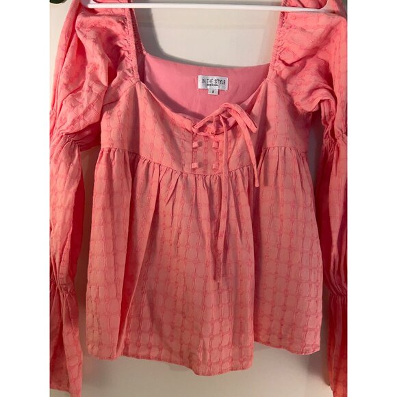 In the Style Tie Front Blouse Womens Size 8 Pink Boho Peasant Top Long Sleeve Sq - Picture 5 of 16